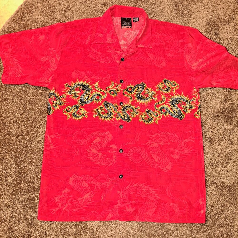 C-Two Size XL Red Dragon Polyester Short Slv Button Down Shirt